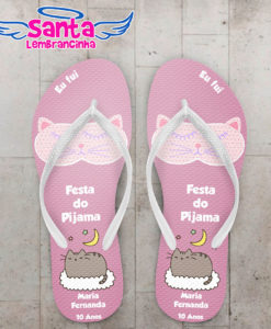 Chinelo infantil festa do pijama, gato fundo rosa personalizado cod 5455