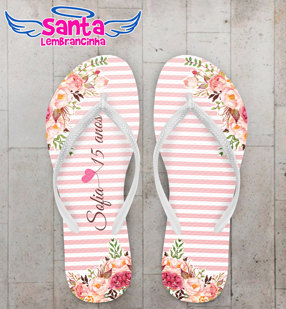 Chinelo 15 anos debutante listrado floral personalizado cod 8027