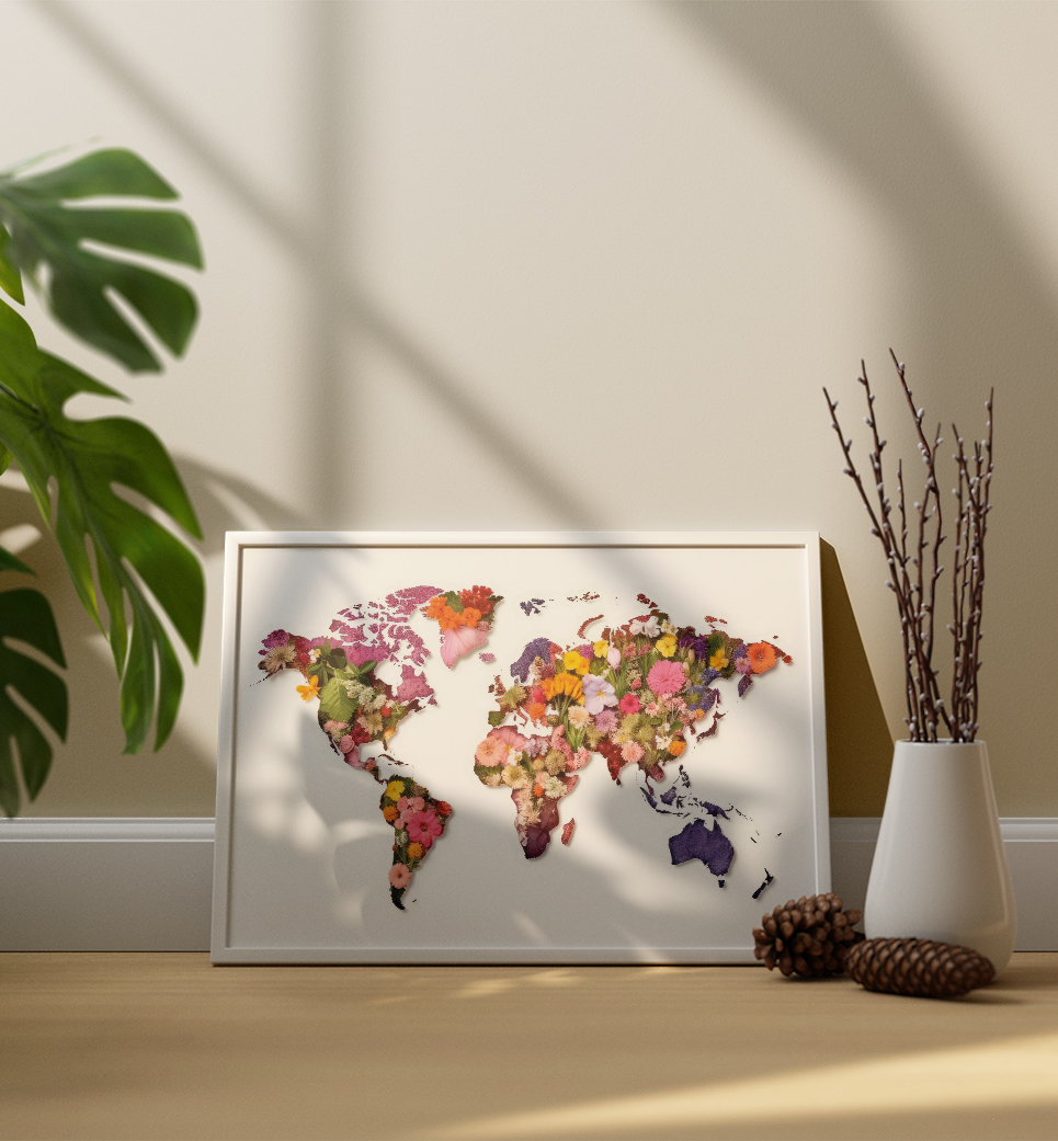 Quadro Decorativo Mapa Mundi Floral Retangular COD R356