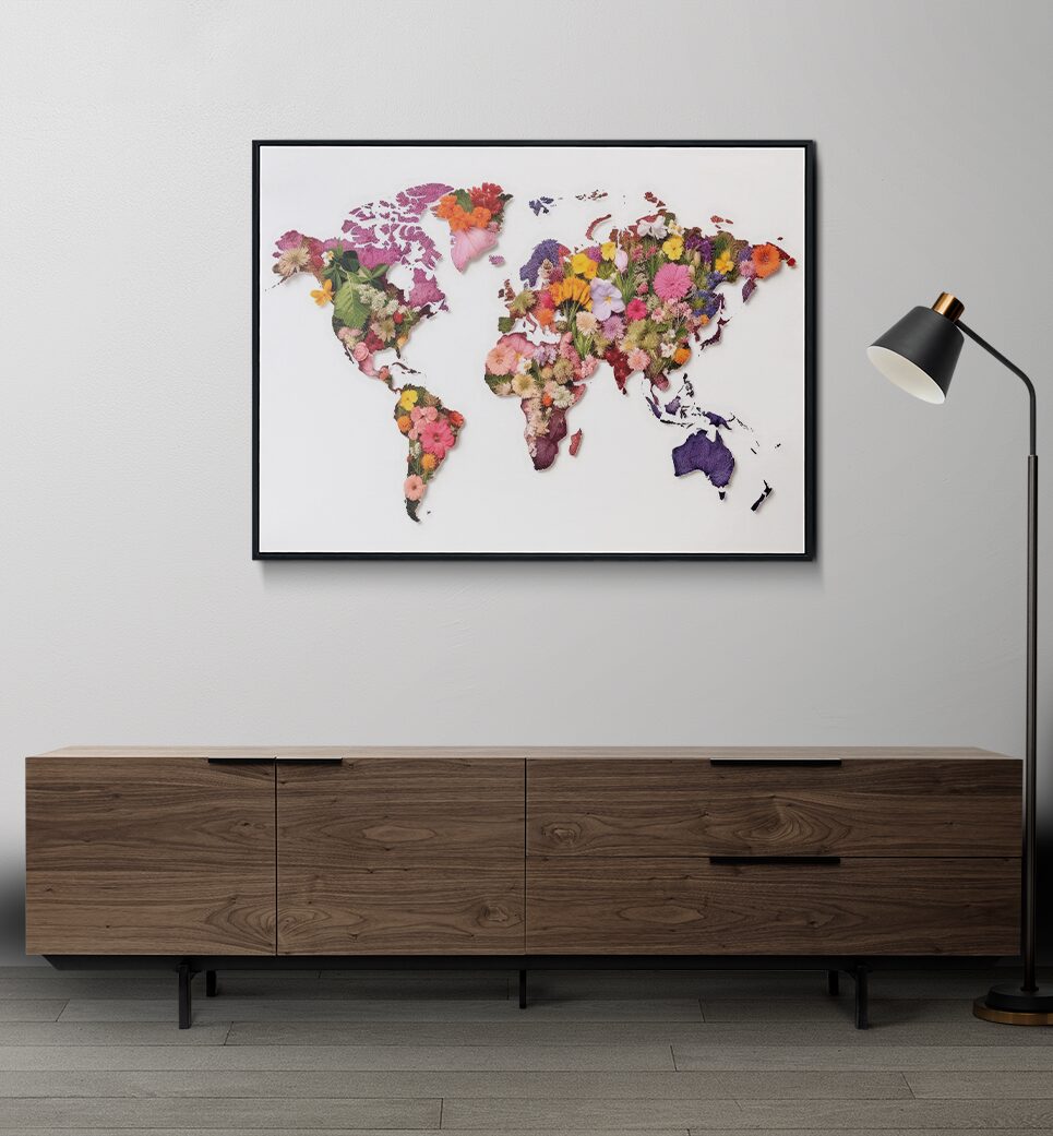 Quadro Decorativo Mapa Mundi Floral Retangular COD R356